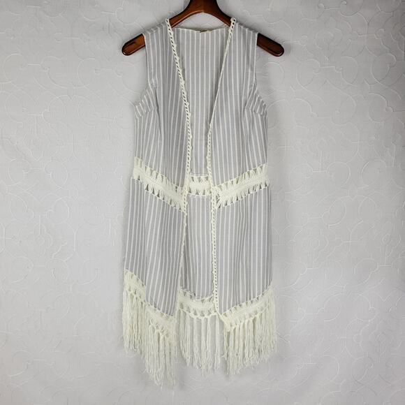 Indigo Thread Co Vest XS Blue White Striped Duster Crochet Fringe Open Front - Picture 3 of 12